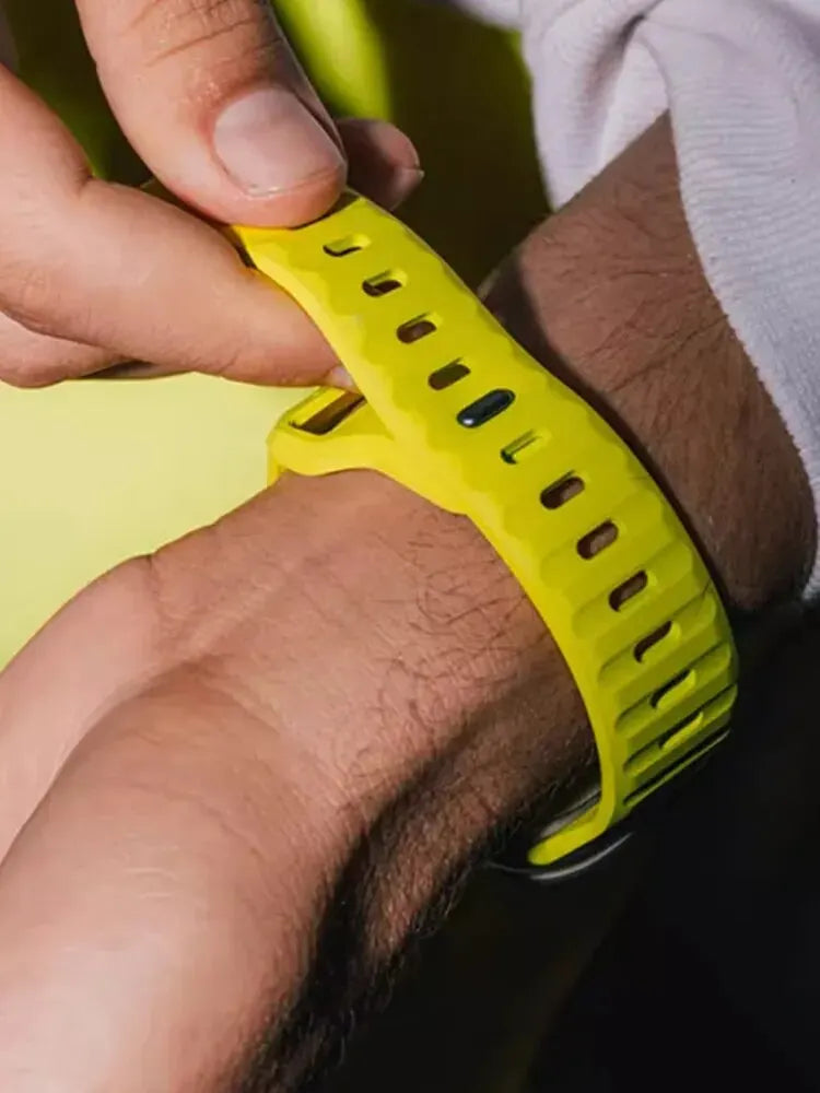 Sport silicone strap for Apple Watch, compatible with Series 9, 8, 7, 6, 5, 4, 3, SE, and Ultra in multiple sizes (44mm, 45mm, 49mm, 42mm, 40mm, 41mm), designed for comfort and durability during sports and workouts.