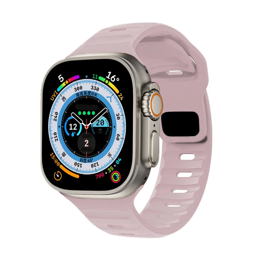 Sport silicone strap for Apple Watch, compatible with Series 9, 8, 7, 6, 5, 4, 3, SE, and Ultra in multiple sizes (44mm, 45mm, 49mm, 42mm, 40mm, 41mm), designed for comfort and durability during sports and workouts.
