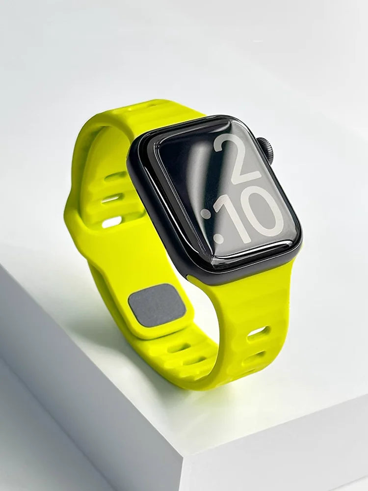 Sport silicone strap for Apple Watch, compatible with Series 9, 8, 7, 6, 5, 4, 3, SE, and Ultra in multiple sizes (44mm, 45mm, 49mm, 42mm, 40mm, 41mm), designed for comfort and durability during sports and workouts.