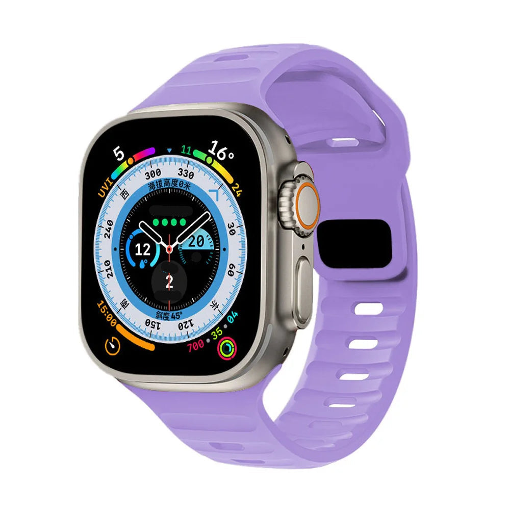 Sport silicone strap for Apple Watch, compatible with Series 9, 8, 7, 6, 5, 4, 3, SE, and Ultra in multiple sizes (44mm, 45mm, 49mm, 42mm, 40mm, 41mm), designed for comfort and durability during sports and workouts.