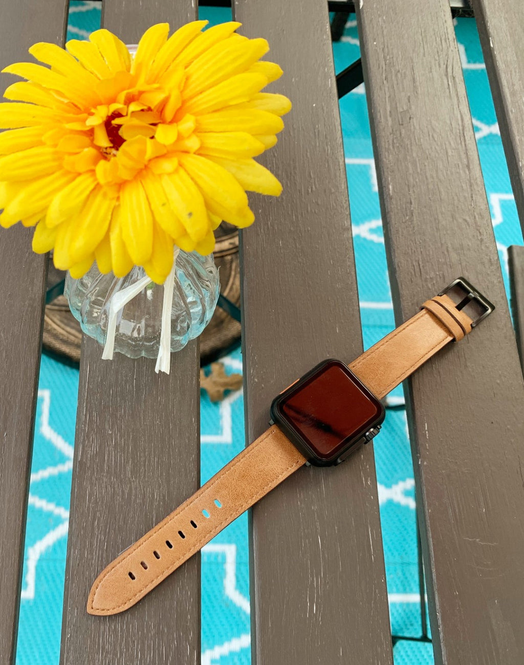 Genuine leather Apple Watch band with case in classic tan, fits Series 6, 40mm