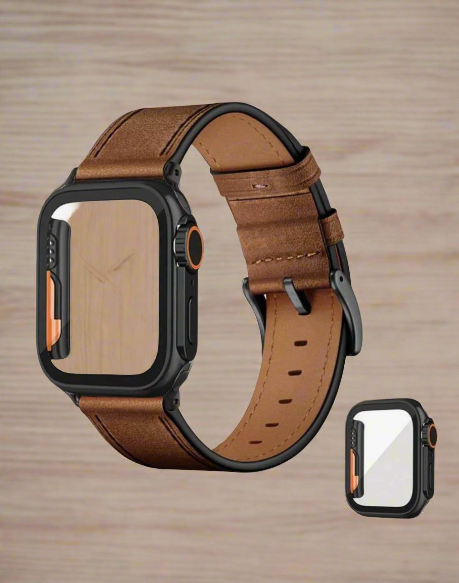 Genuine leather Apple Watch band with case in classic tan, fits Series 6, 40mm