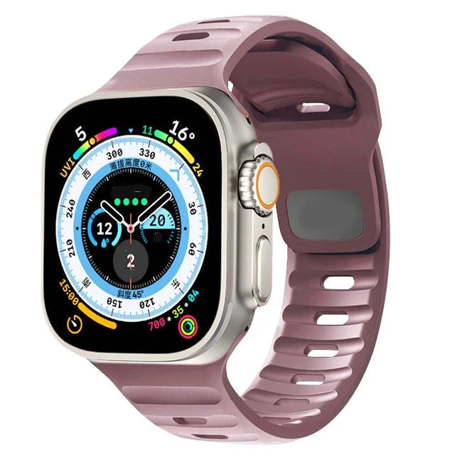 Sport silicone strap for Apple Watch, compatible with Series 9, 8, 7, 6, 5, 4, 3, SE, and Ultra in multiple sizes (44mm, 45mm, 49mm, 42mm, 40mm, 41mm), designed for comfort and durability during sports and workouts.