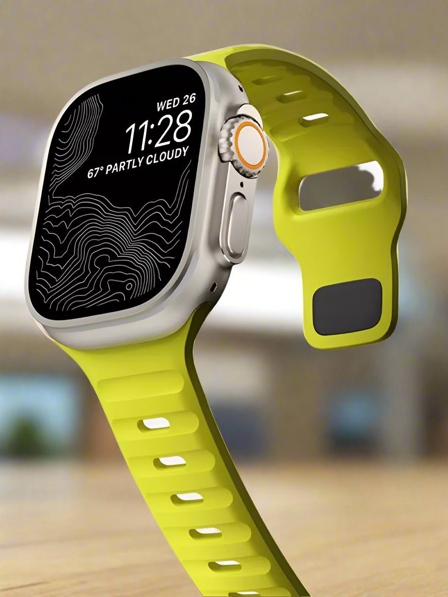 Sport silicone strap for Apple Watch, compatible with Series 9, 8, 7, 6, 5, 4, 3, SE, and Ultra in multiple sizes (44mm, 45mm, 49mm, 42mm, 40mm, 41mm), designed for comfort and durability during sports and workouts.