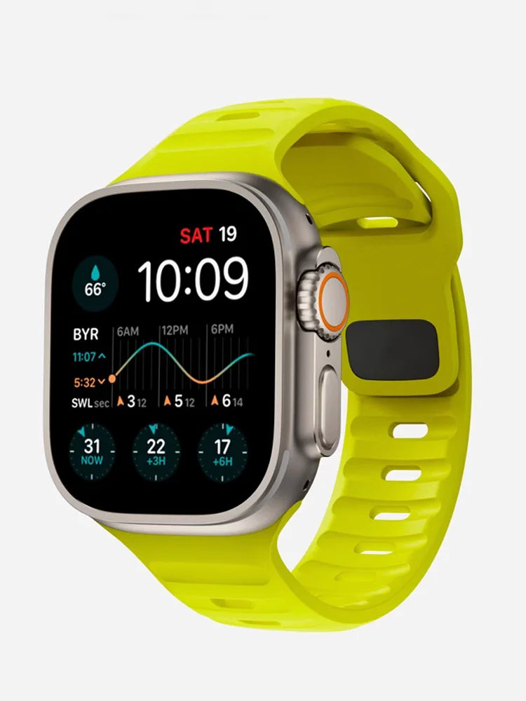 Sport silicone strap for Apple Watch, compatible with Series 9, 8, 7, 6, 5, 4, 3, SE, and Ultra in multiple sizes (44mm, 45mm, 49mm, 42mm, 40mm, 41mm), designed for comfort and durability during sports and workouts.