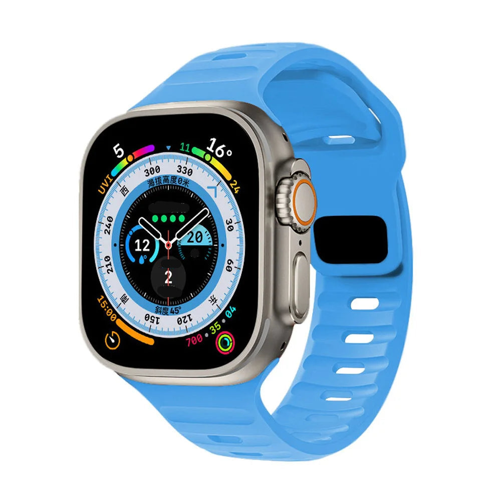 Sport silicone strap for Apple Watch, compatible with Series 9, 8, 7, 6, 5, 4, 3, SE, and Ultra in multiple sizes (44mm, 45mm, 49mm, 42mm, 40mm, 41mm), designed for comfort and durability during sports and workouts.