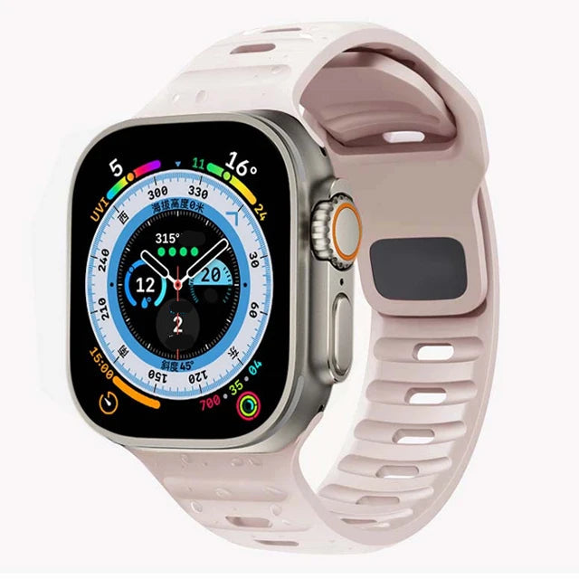 Sport silicone strap for Apple Watch, compatible with Series 9, 8, 7, 6, 5, 4, 3, SE, and Ultra in multiple sizes (44mm, 45mm, 49mm, 42mm, 40mm, 41mm), designed for comfort and durability during sports and workouts.