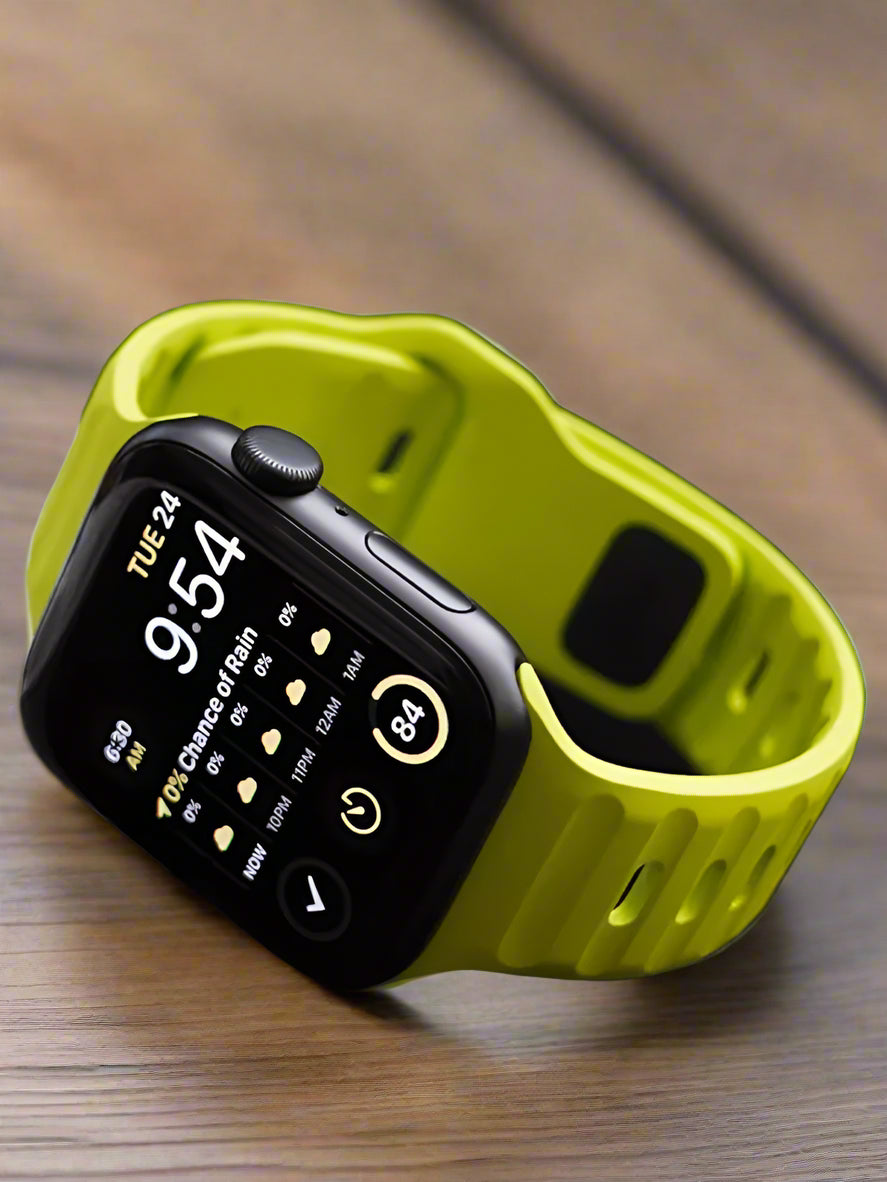 Sport silicone strap for Apple Watch, compatible with Series 9, 8, 7, 6, 5, 4, 3, SE, and Ultra in multiple sizes (44mm, 45mm, 49mm, 42mm, 40mm, 41mm), designed for comfort and durability during sports and workouts.