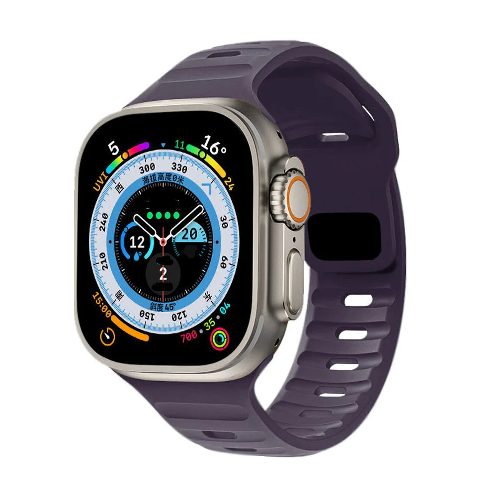 Sport silicone strap for Apple Watch, compatible with Series 9, 8, 7, 6, 5, 4, 3, SE, and Ultra in multiple sizes (44mm, 45mm, 49mm, 42mm, 40mm, 41mm), designed for comfort and durability during sports and workouts.