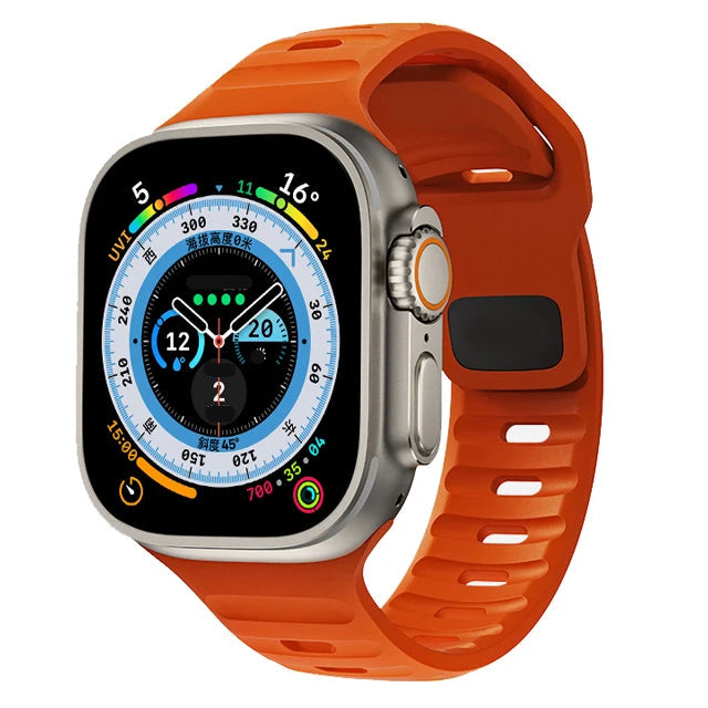 Sport silicone strap for Apple Watch, compatible with Series 9, 8, 7, 6, 5, 4, 3, SE, and Ultra in multiple sizes (44mm, 45mm, 49mm, 42mm, 40mm, 41mm), designed for comfort and durability during sports and workouts.