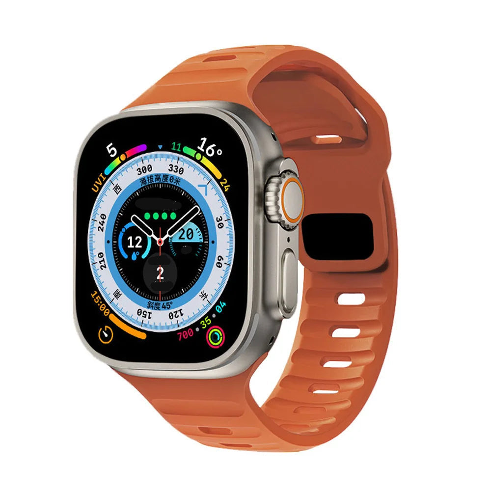 Sport silicone strap for Apple Watch, compatible with Series 9, 8, 7, 6, 5, 4, 3, SE, and Ultra in multiple sizes (44mm, 45mm, 49mm, 42mm, 40mm, 41mm), designed for comfort and durability during sports and workouts.