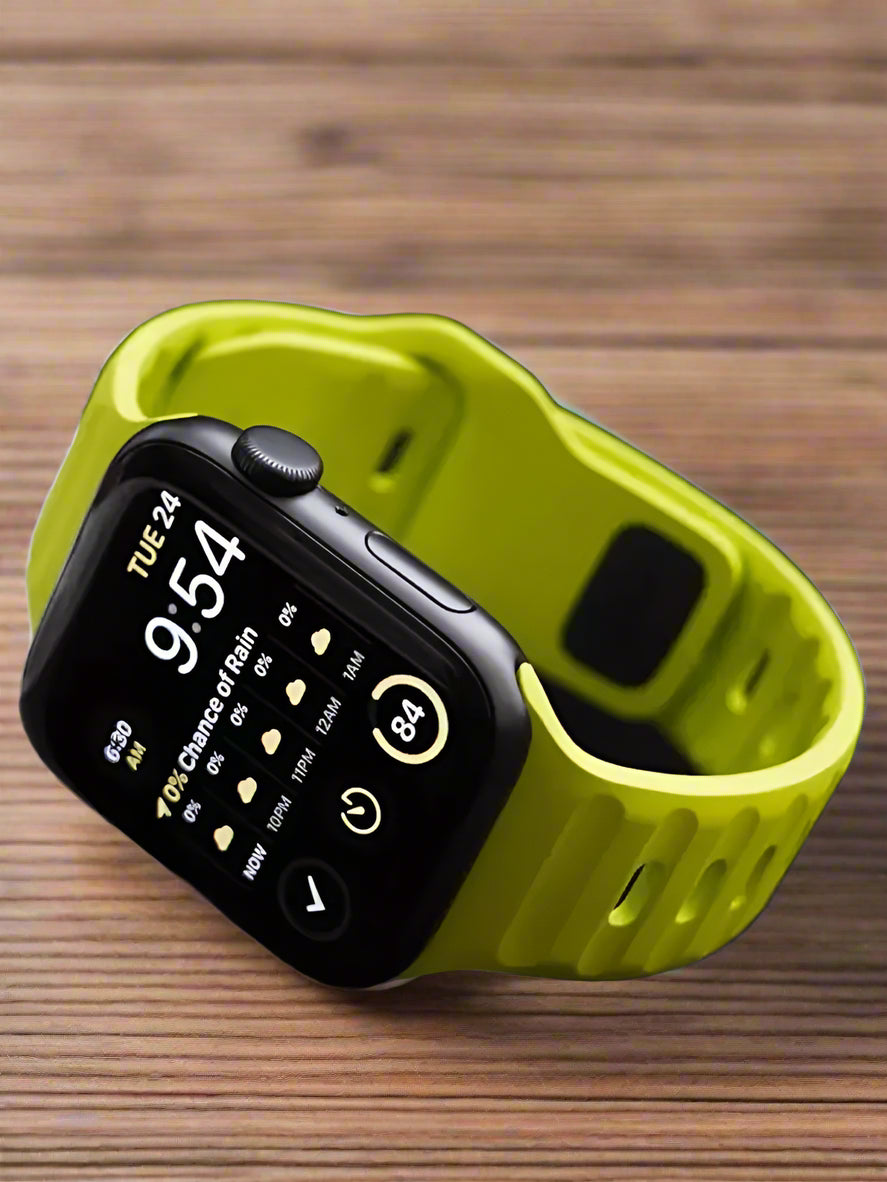 Sport silicone strap for Apple Watch, compatible with Series 9, 8, 7, 6, 5, 4, 3, SE, and Ultra in multiple sizes (44mm, 45mm, 49mm, 42mm, 40mm, 41mm), designed for comfort and durability during sports and workouts.