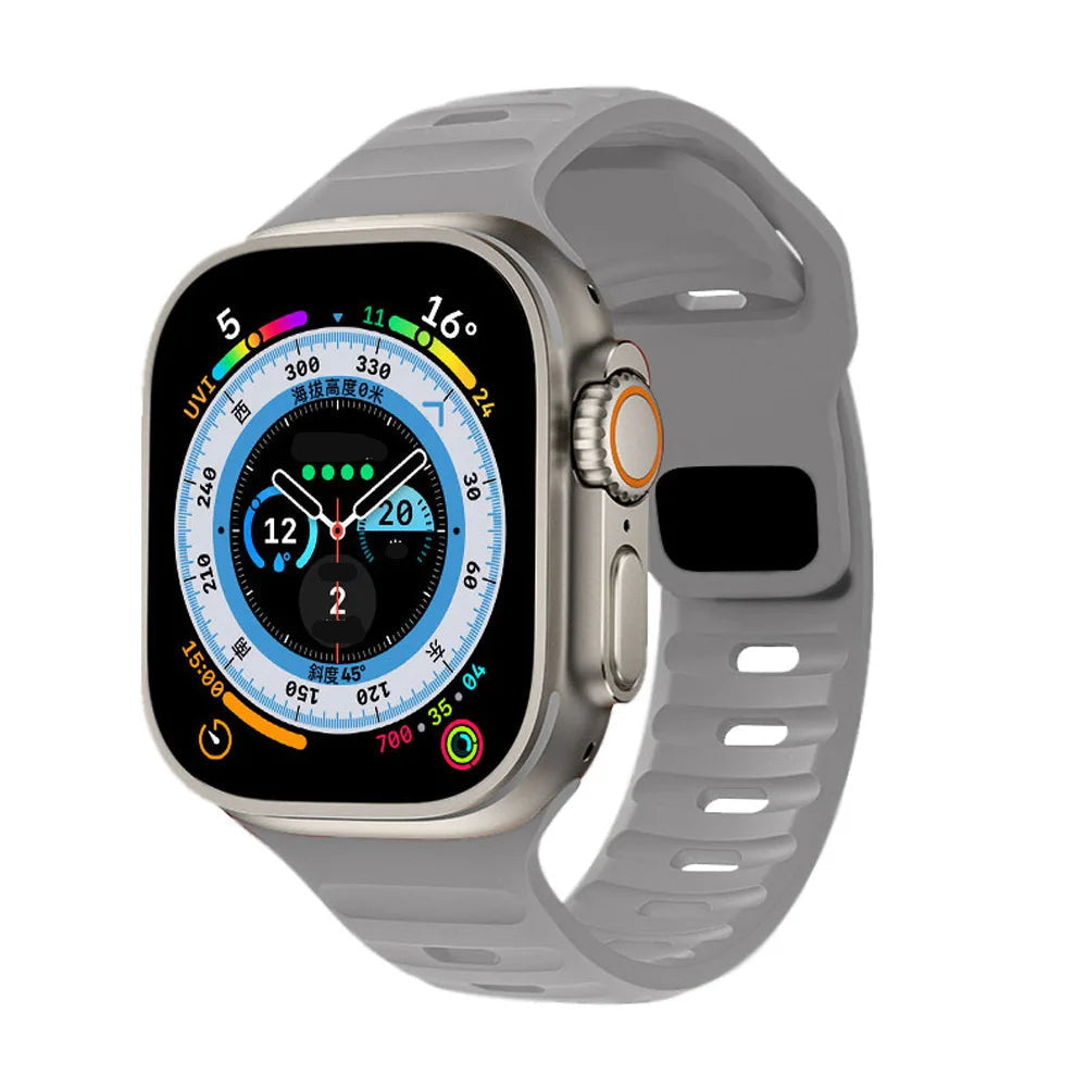 Sport silicone strap for Apple Watch, compatible with Series 9, 8, 7, 6, 5, 4, 3, SE, and Ultra in multiple sizes (44mm, 45mm, 49mm, 42mm, 40mm, 41mm), designed for comfort and durability during sports and workouts.
