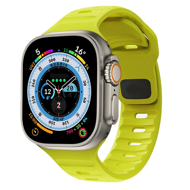 Sport silicone strap for Apple Watch, compatible with Series 9, 8, 7, 6, 5, 4, 3, SE, and Ultra in multiple sizes (44mm, 45mm, 49mm, 42mm, 40mm, 41mm), designed for comfort and durability during sports and workouts.