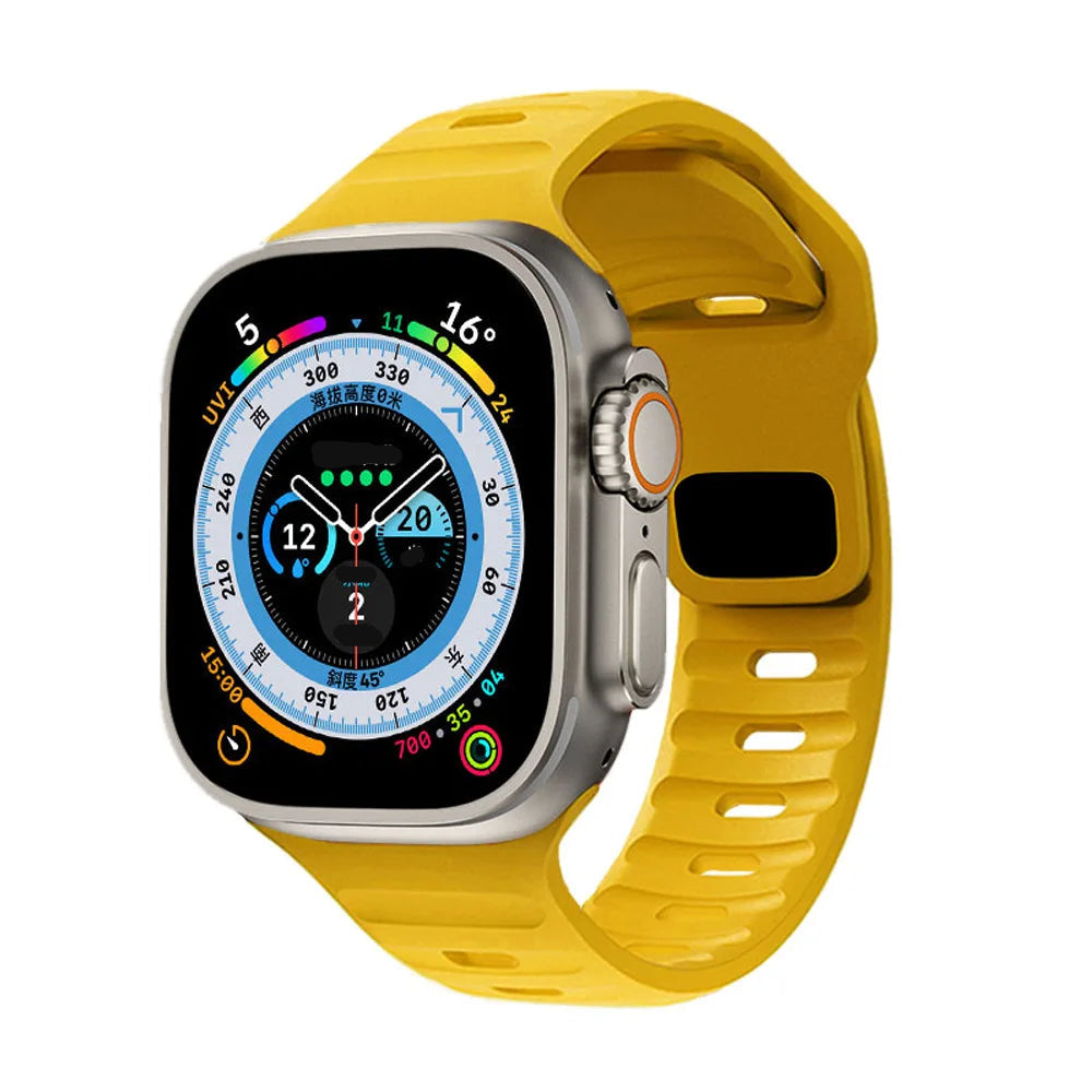 Sport silicone strap for Apple Watch, compatible with Series 9, 8, 7, 6, 5, 4, 3, SE, and Ultra in multiple sizes (44mm, 45mm, 49mm, 42mm, 40mm, 41mm), designed for comfort and durability during sports and workouts.